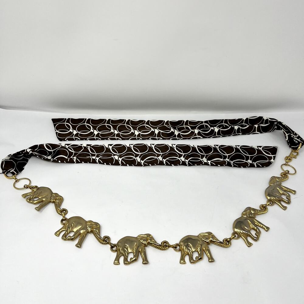 Vintage Gold Elephant Chain Belt Brown Scarf Tie Boho gypsy Statement Waist Belt